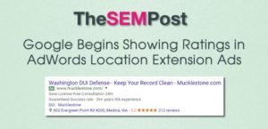 Google Showing Ratings in AdWords Location Extension Ads. Google seems to be returning ratings to location extensions of AdWords ads in the Google search results. Click on the above image to read the full article on The SEM Post.