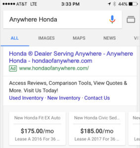 Mobile AdWords Price Extension Ad Screenshot