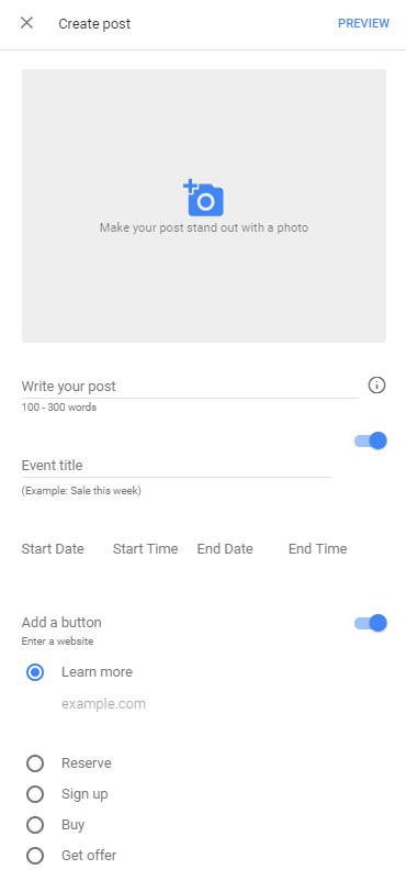 The form for completing a Google Post