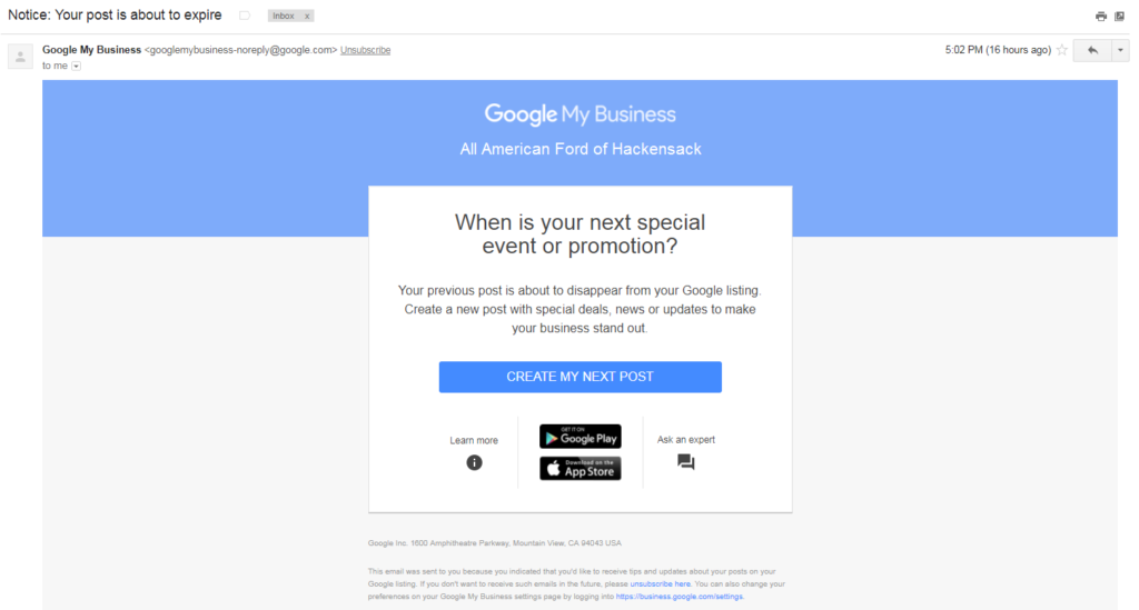 Google My Business Post Expiration Email