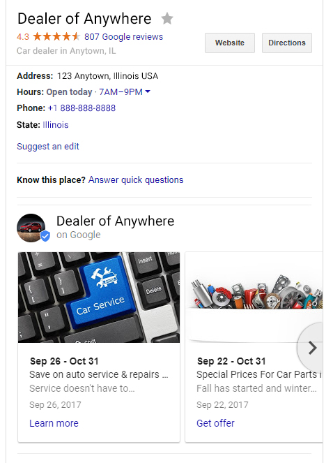 example of Google posts on a knowledge graph for dealerships.