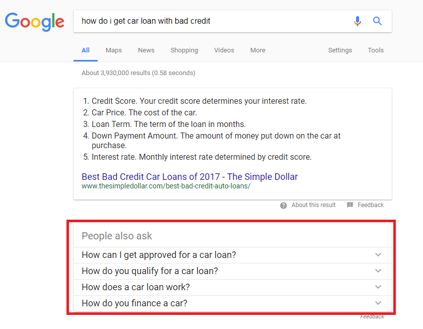 screen shot of a google search containing answers to asked questions